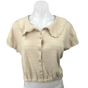 Madewell Beige Ruffle Collar Button Short Cap Sleeve Crop Sweater Top Blouse XS